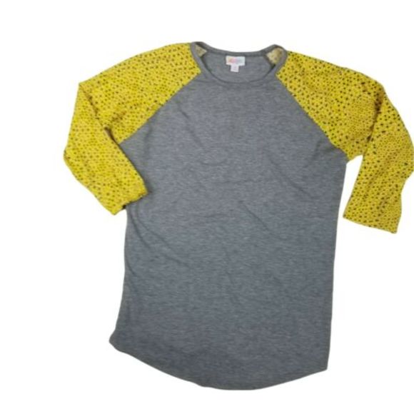 Lularoe Women's Sz M Shirt Randy Kaleidoscope Yellow Gray Raglan 3/4 Sleeves - Picture 3 of 12